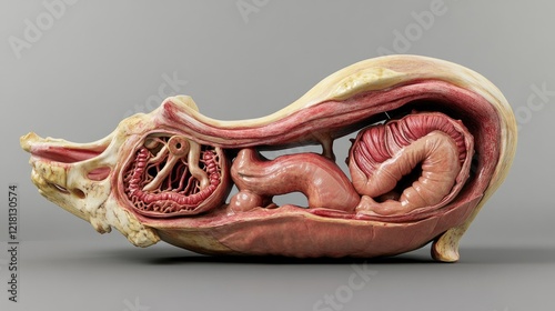 A scientific 3D model of a cow stomach showing the four chambers and digestive processes involved in ruminant digestion, ideal for educational use
