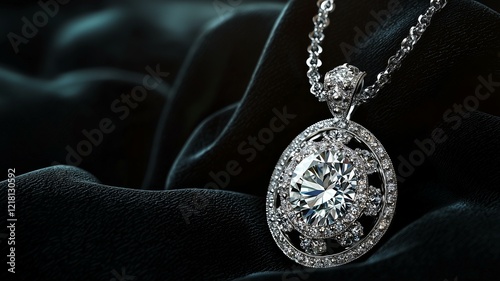 A photorealistic image of a luxurious diamond pendant with intricate details, placed on a black velvet background
