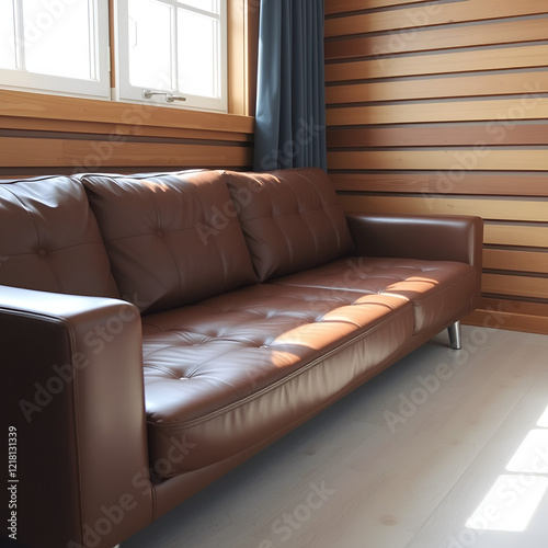 A modern, comfortable brown leather sofa in daylight from a window against a wooden slatted wall. With space to copy. High quality photo photo