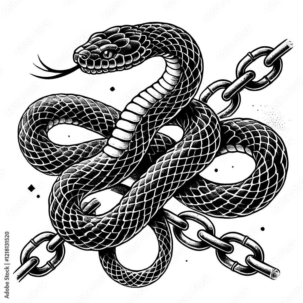 Obraz premium Snake tattoo with chains crossed sketch black and white
