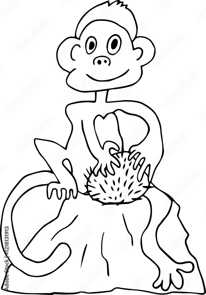 happy monkey sitting on rock looking at camera holding hairy round fruit happy monkey sitting on rock looking at camera holding hairy round fruit