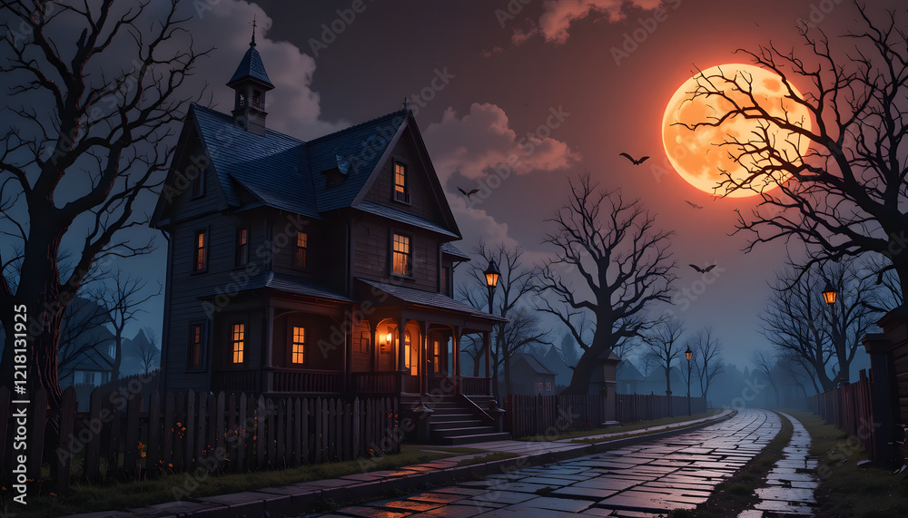 3D illustration of a Halloween concept background of realistic horror house and creepy street with moonlight.
3D illustration of a Halloween concept background of realistic horror house and creepy street with moonlight.