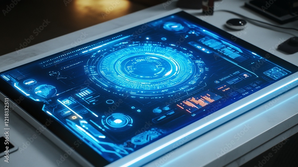 Obraz premium Futuristic interface display on desk, glowing blue, office background, tech presentation