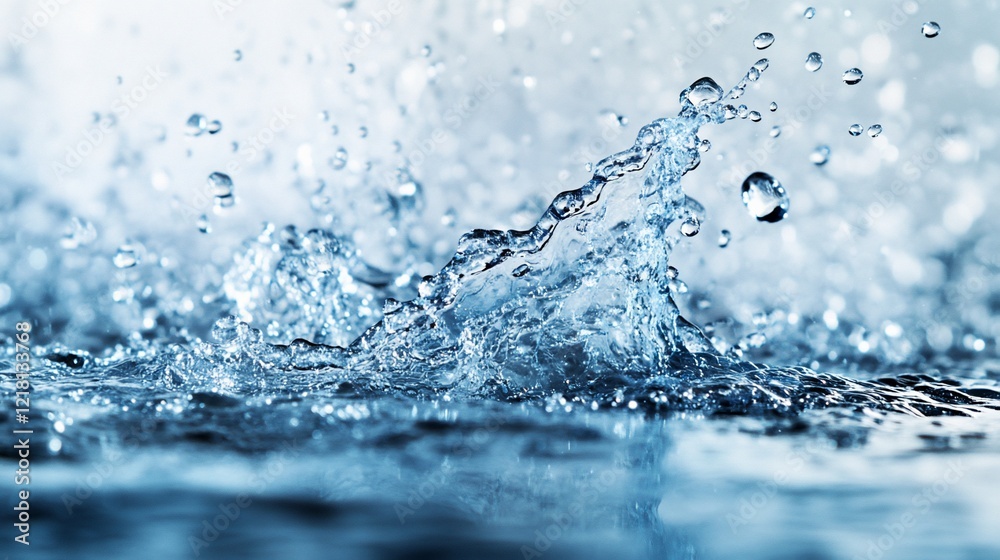 Splashing water, droplet impact, studio, background bokeh, purity concept Splashing water, droplet impact, studio, background bokeh, purity concept