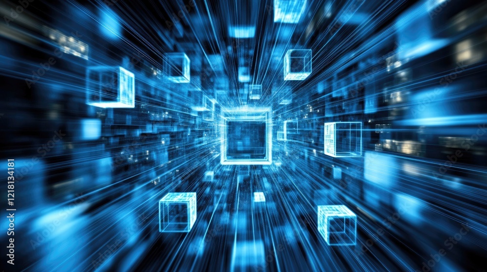 Obraz premium Abstract digital concept of a floating array of cubes, connected by glowing lines, illustrating the complexity of data and modern digital technology