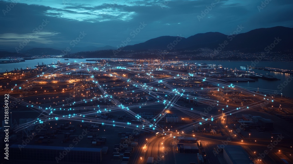 Obraz premium Aerial shot of a port with illuminated lines linking various terminals, representing the digital transformation of global trade and shipping