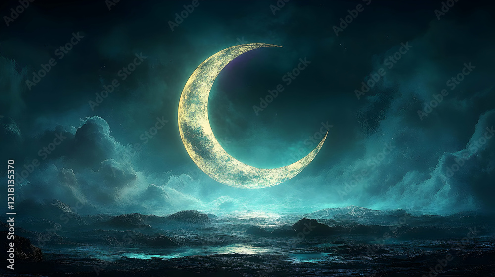 Fototapeta premium Sparkling Crescent Moon Over a Cityscape at Night