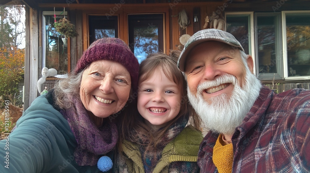 Obraz premium An endearing photo of grandparents and their young granddaughter sharing a fun selfie moment outside their cozy house