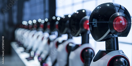 Wallpaper Mural Robots lined up in a futuristic display, Futuristic robots on display in technology showroom
 Torontodigital.ca