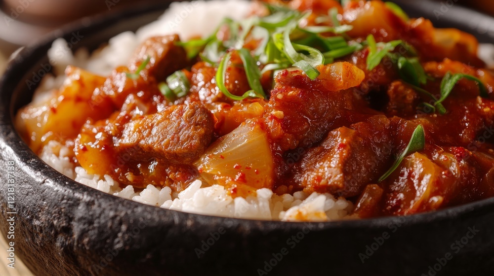 Close-up of rice and spicy Korean kimchi stew with pork in a stone bowl, emphasizing bold and spicy flavors. Ideal for Korean cuisine and comforting meals. Close-up of rice and spicy Korean kimchi stew with pork in a stone bowl, emphasizing bold and spicy flavors. Ideal for Korean cuisine and comforting meals.