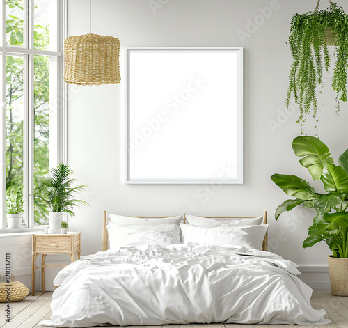 30 x 45 cm blank poster frame in the middle of an elegant bedroom, white walls, wooden bedside table, and straw lamp shade, boho style with plants, white linen bed sheet, minimalist interior  photo