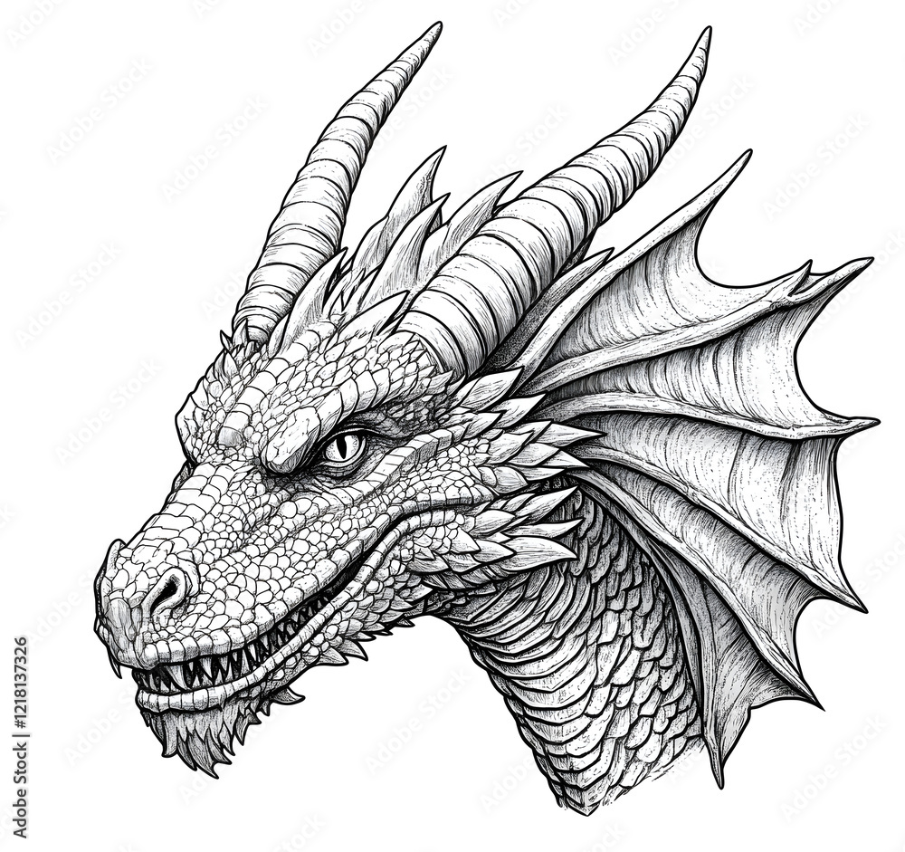 A black and white line art headshot portrait of an enormous, intelligent dragon with thin horns, stocky neck, and armor plates on the sides of its face. The dragon has scaly skin in various A black and white line art headshot portrait of an enormous, intelligent dragon with thin horns, stocky neck, and armor plates on the sides of its face. The dragon has scaly skin in various