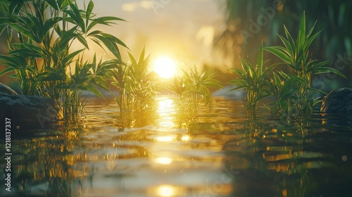 Tranquil sunset reflecting on calm water surrounded by lush green plants