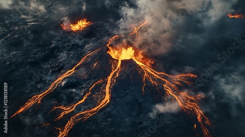 Aerial view of an erupting volcano with flowing lava and smoke. photo