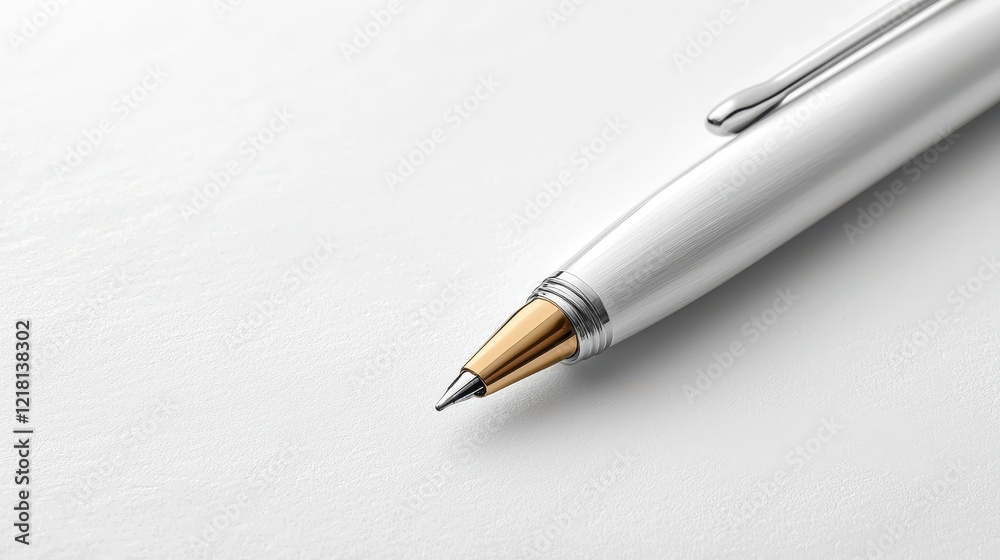 Silver pen on white paper, close-up; writing; office background Silver pen on white paper, close-up; writing; office background