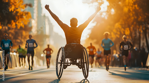 Inspiring disabled athlete celebrates triumph at marathon event in vibrant sunset with cheering crowd in background
