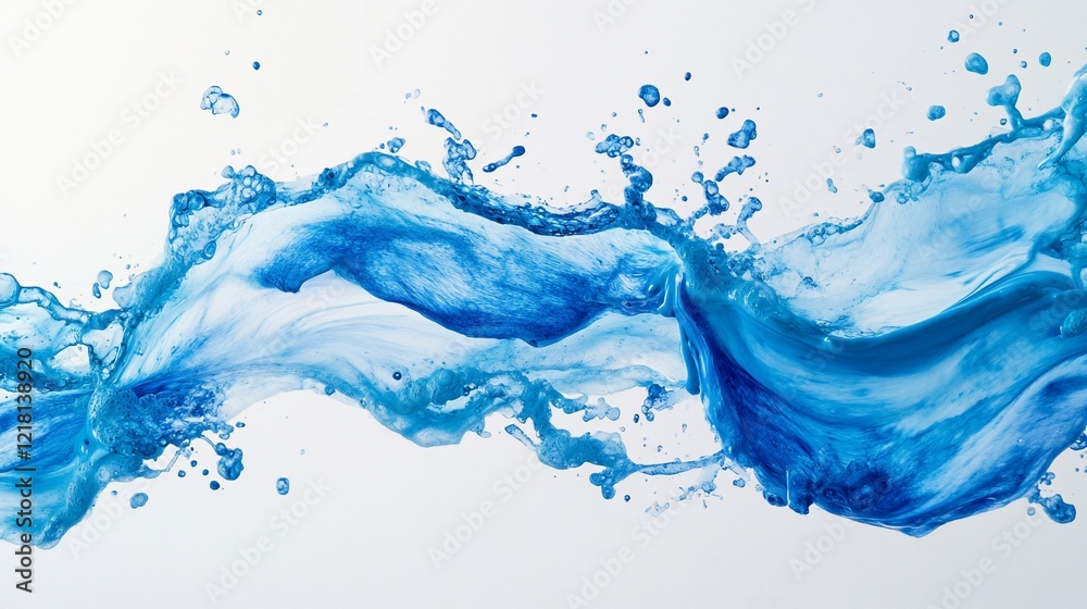 Obraz premium Blue water splash, flowing, white background, purity, advertisement