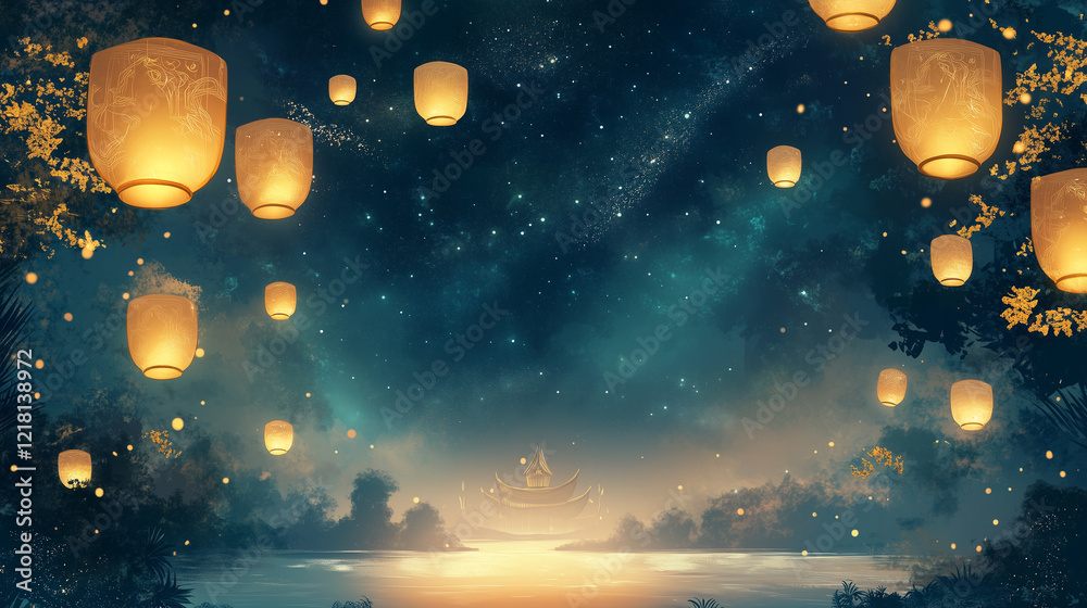 Fototapeta premium Waisak Lantern Banner with a night background filled with golden lanterns floating into the sky