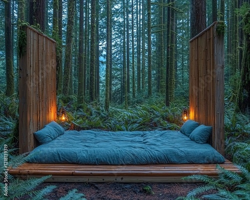 Outdoor bed in a serene forest setting at night.