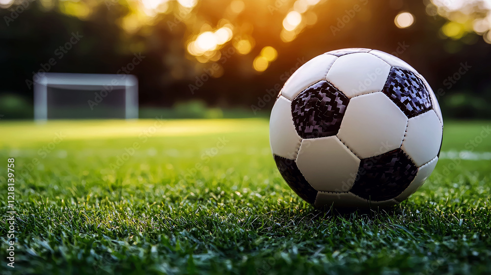 Obraz premium Close-up view of a soccer ball on a lush green field, with a blurred goal in the background, capturing the essence of a sunny summer sports day.