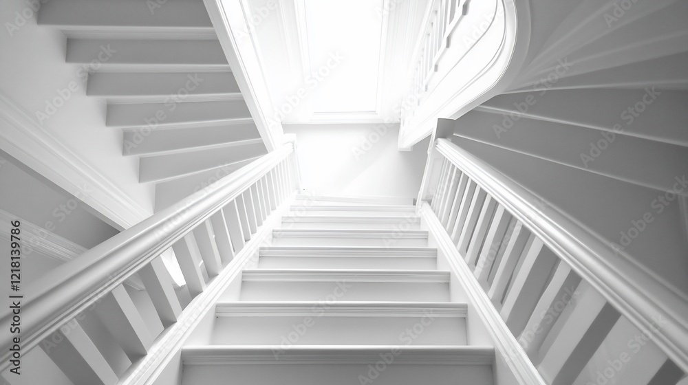 Fototapeta premium White staircase ascending, bright interior, architectural detail, home design