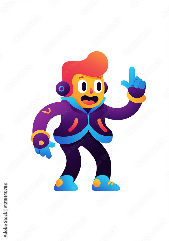 Fototapeta premium Energetic Cartoon Character with Headphones Pointing Upward Vibrant Gradient Colors Fun Illustration