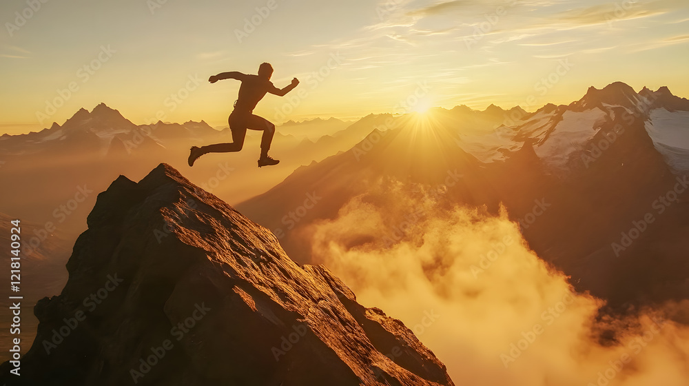 Athlete leaping from a rocky peak during sunset in breathtaking mountainous landscape with vibrant sky colors Athlete leaping from a rocky peak during sunset in breathtaking mountainous landscape with vibrant sky colors