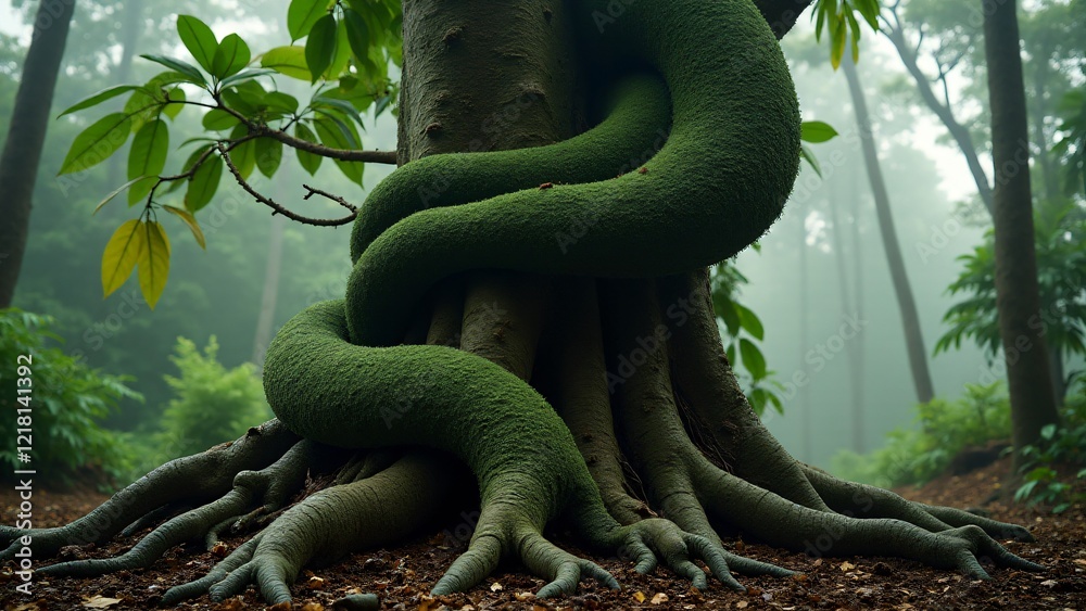 A strangler fig tree enveloping a host tree with twisting roots, glossy green leaves, and a tropical rainforest backdrop, creating a surreal and dramatic scene. A strangler fig tree enveloping a host tree with twisting roots, glossy green leaves, and a tropical rainforest backdrop, creating a surreal and dramatic scene.