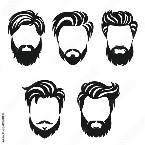 Set of  silhouette bearded men faces hipsters style with different haircuts. Vector illustration.