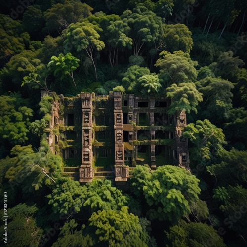 Aerial view of ancient city ruins overgrown by Amazon jungle