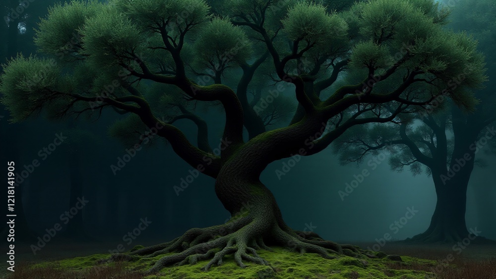 A twisted yew tree with dark green leaves, rough bark, and a mystical aura, standing alone in a shadowy, dimly lit forest, exuding mystery and wisdom. A twisted yew tree with dark green leaves, rough bark, and a mystical aura, standing alone in a shadowy, dimly lit forest, exuding mystery and wisdom.