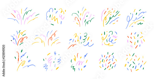Colorful crayon drawn doodle decorative confetti. Sketch burst with squiggles, dots, pencil drawn abstract twirls. Vector frame crackers, tinsel, confetti elements. Birthday or carnival motif.