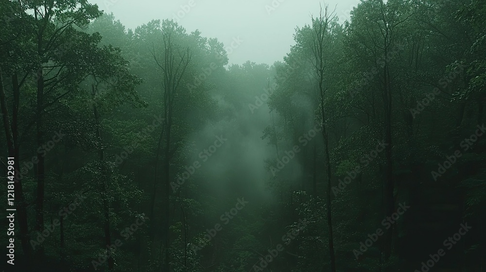 Fototapeta premium Misty Forest Path Enveloped In Green Trees