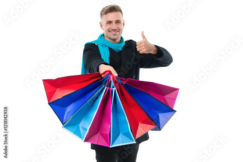 Mature man with shopping bag. Black Friday shopping. Shopper man hold shopping bag isolated on white. Sale and discount. Purchasing present. Big sale and shopping. Thumb up. Man in shop mall