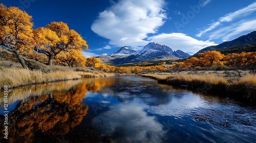 Autumnal reflection in mountain river, Wyoming. Peaceful landscape for nature calendar