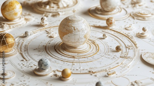 Celestial globe, planets orbiting, ornate background, cosmic design, science fiction art