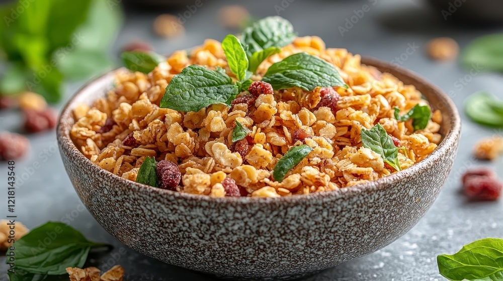 Healthy granola breakfast bowl with berries and mint Healthy granola breakfast bowl with berries and mint