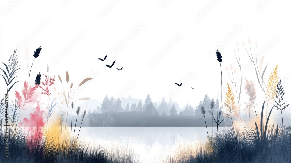 Obraz premium Serene Landscape with Soft Colors and Gentle Flora Reflecting in Calm Water Under a Peaceful Sky with Silhouetted Birds Flying in the Background