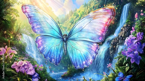 A vibrant butterfly with colorful wings soars through a fantasy waterfall scene