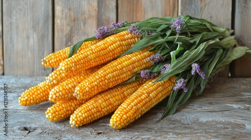 Fresh corn cobs with lavender, rustic wood background, autumn harvest photo