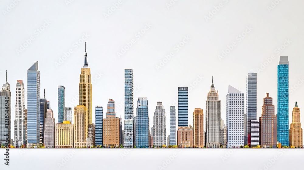 Fototapeta premium Miniature NYC skyline model, studio shot, white background, urban planning