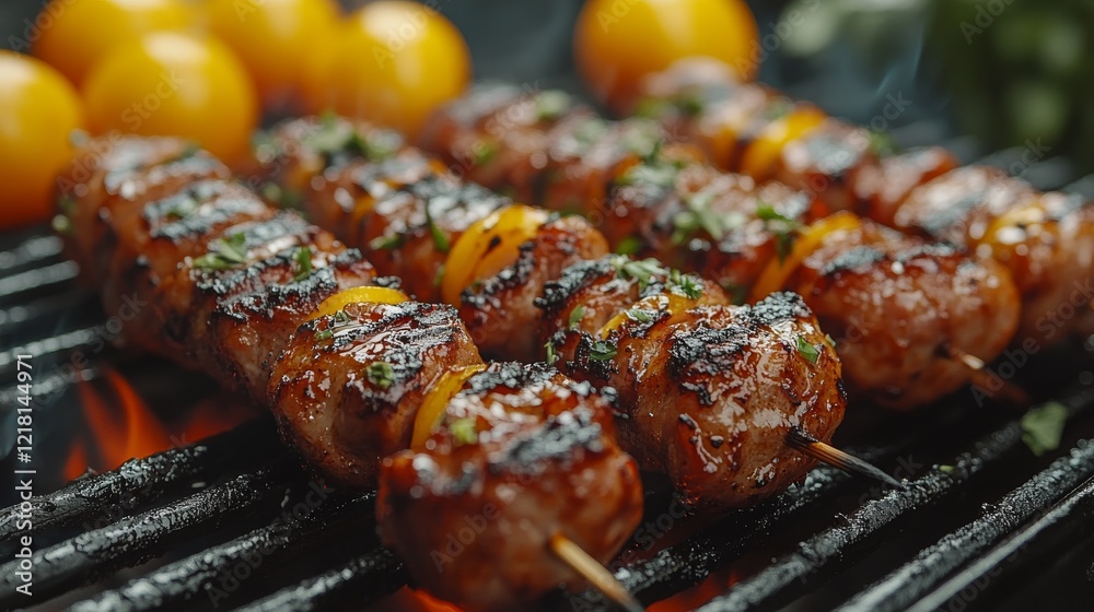 Flaming Barbecue Skewers on a Sizzling Grill - Close-Up Cooking Scene with Delicious Food Flaming Barbecue Skewers on a Sizzling Grill - Close-Up Cooking Scene with Delicious Food