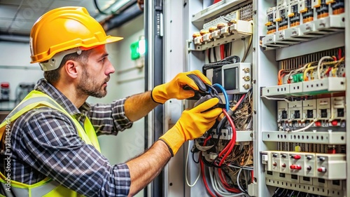 Worker testing an electrical panel with wires and circuit breakers. Highlights safety and precision in electrical maintenance tasks. photo