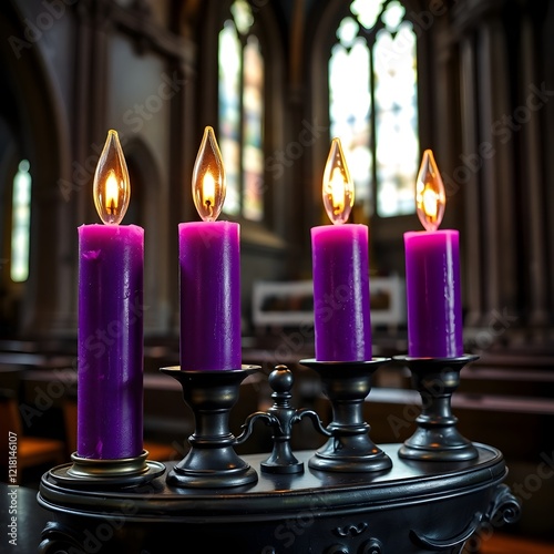  Intricate origami light art four purple candlelights glowing in a church, artistic lighting, abstract patterns, folded paper aesthetic, geometric precision High-resolution stock photo of four purple  photo