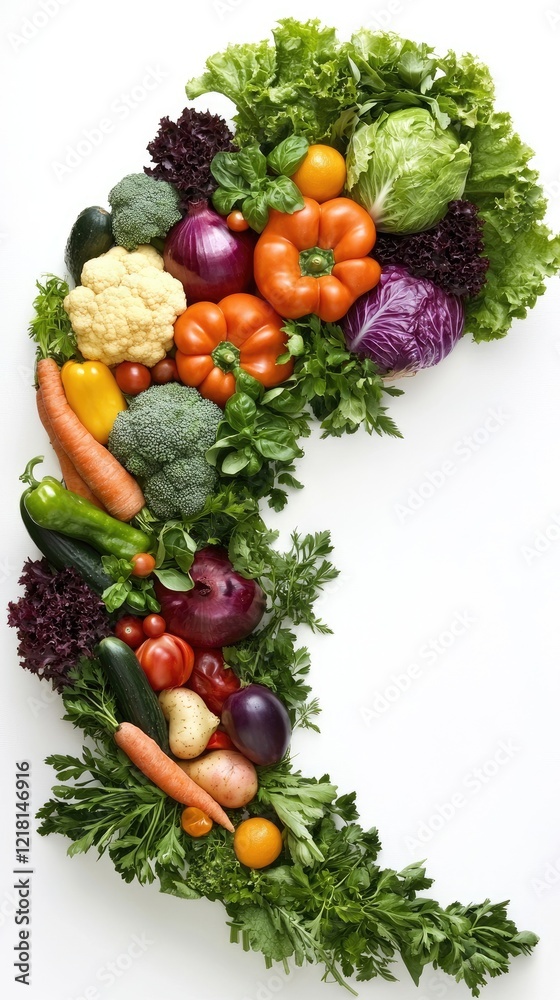 Colorful vegetables arranged artfully; healthy eating, recipe inspiration