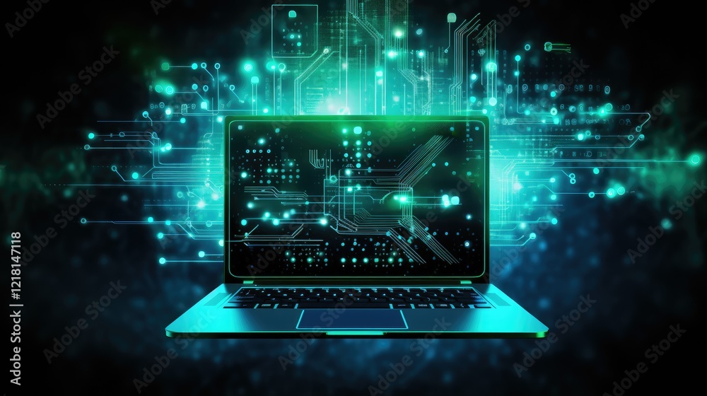 A laptop displaying digital circuits and data streams, symbolizing technology and innovation. A laptop displaying digital circuits and data streams, symbolizing technology and innovation.