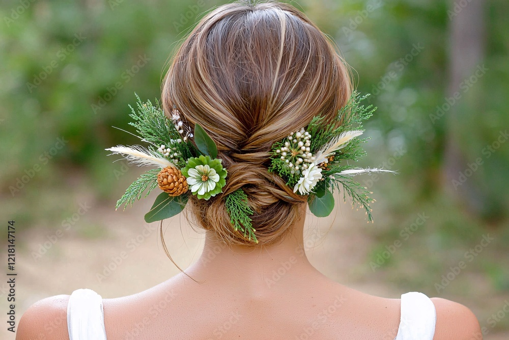 Naklejka premium Bohemian, boho ,lifestyle, concept. Elegant updo hairstyle adorned with greenery and flowers, perfect for weddings or special occasions.