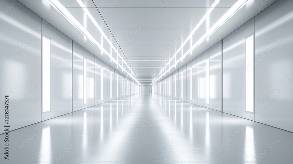 Obraz premium Futuristic white corridor; glowing lights; reflective floor; sterile background; tech presentation