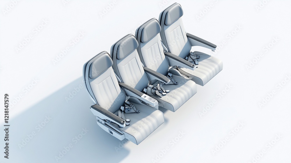 Four modern airplane seats, studio shot, white background, travel advertising
