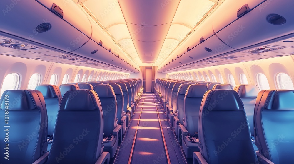 Naklejka premium Empty airplane cabin sunset interior travel journey